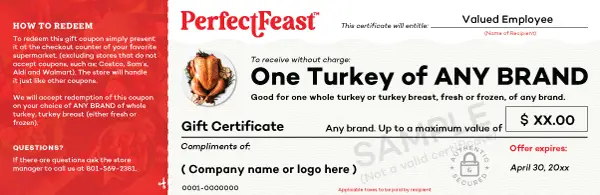 A turkey gift certificate from PFR corporate gifts