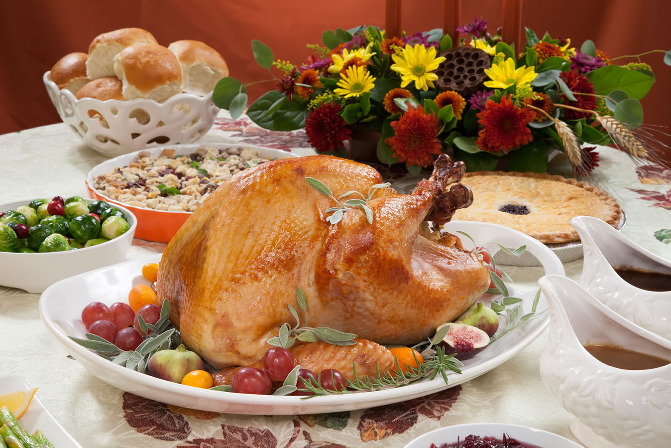 thanksgiving turkey on table with sides