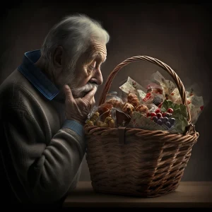 A person looking thoughtfully at a gift basket
