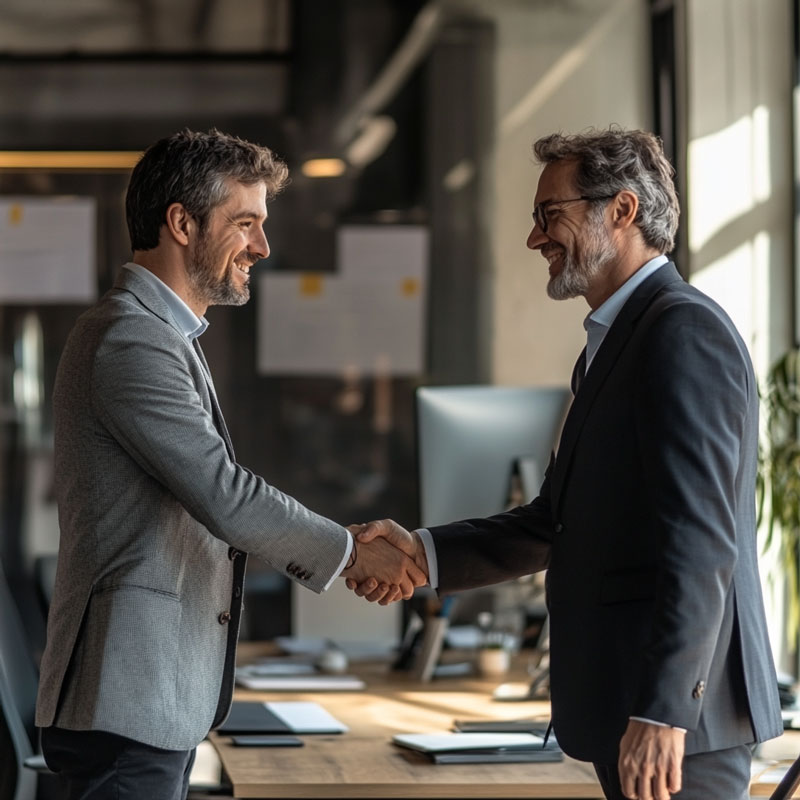 An employee being congratulated with a handshake for getting a promotion