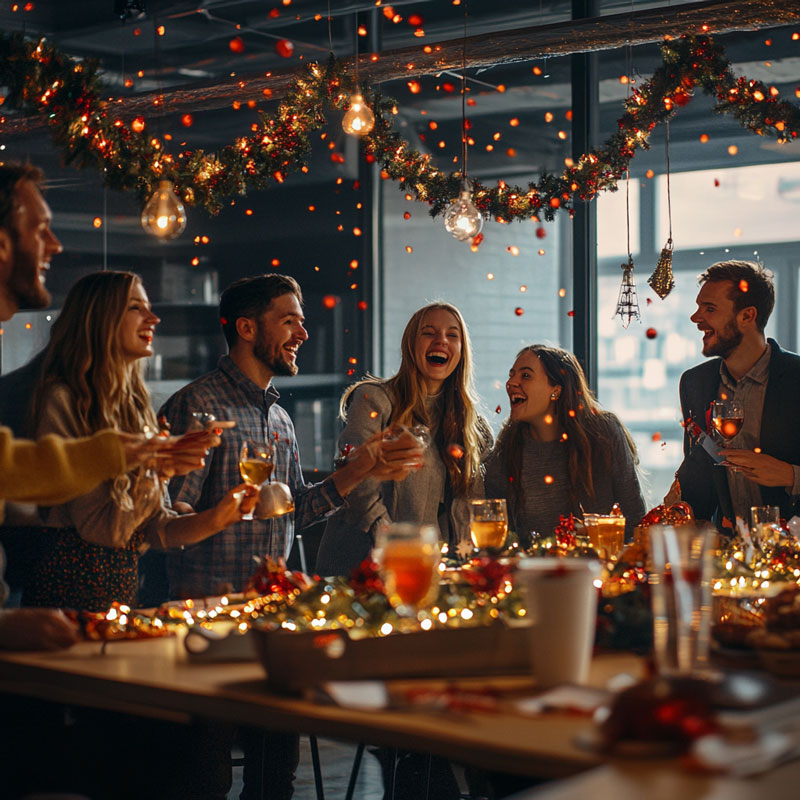 Employees celebrating at a workplace holiday party.