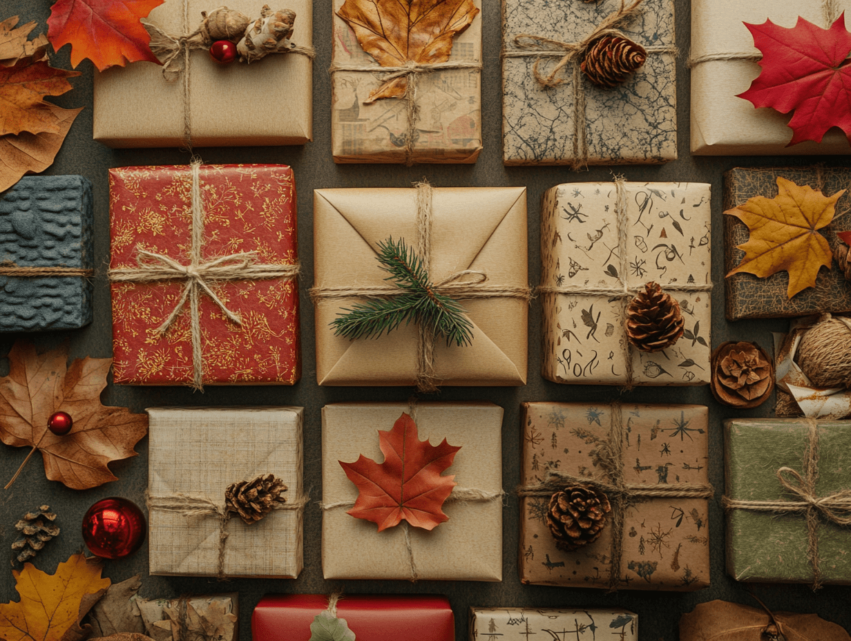 An Overhead Image of Many Wrapped Present Boxes Representing Possible Thanksgiving Gift Ideas